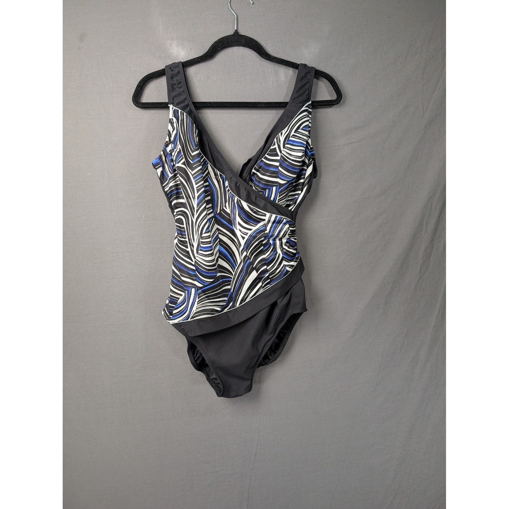 Longitude Womens Abstract Swirl V-Neck One Piece Swimsuit Black Blue White 16